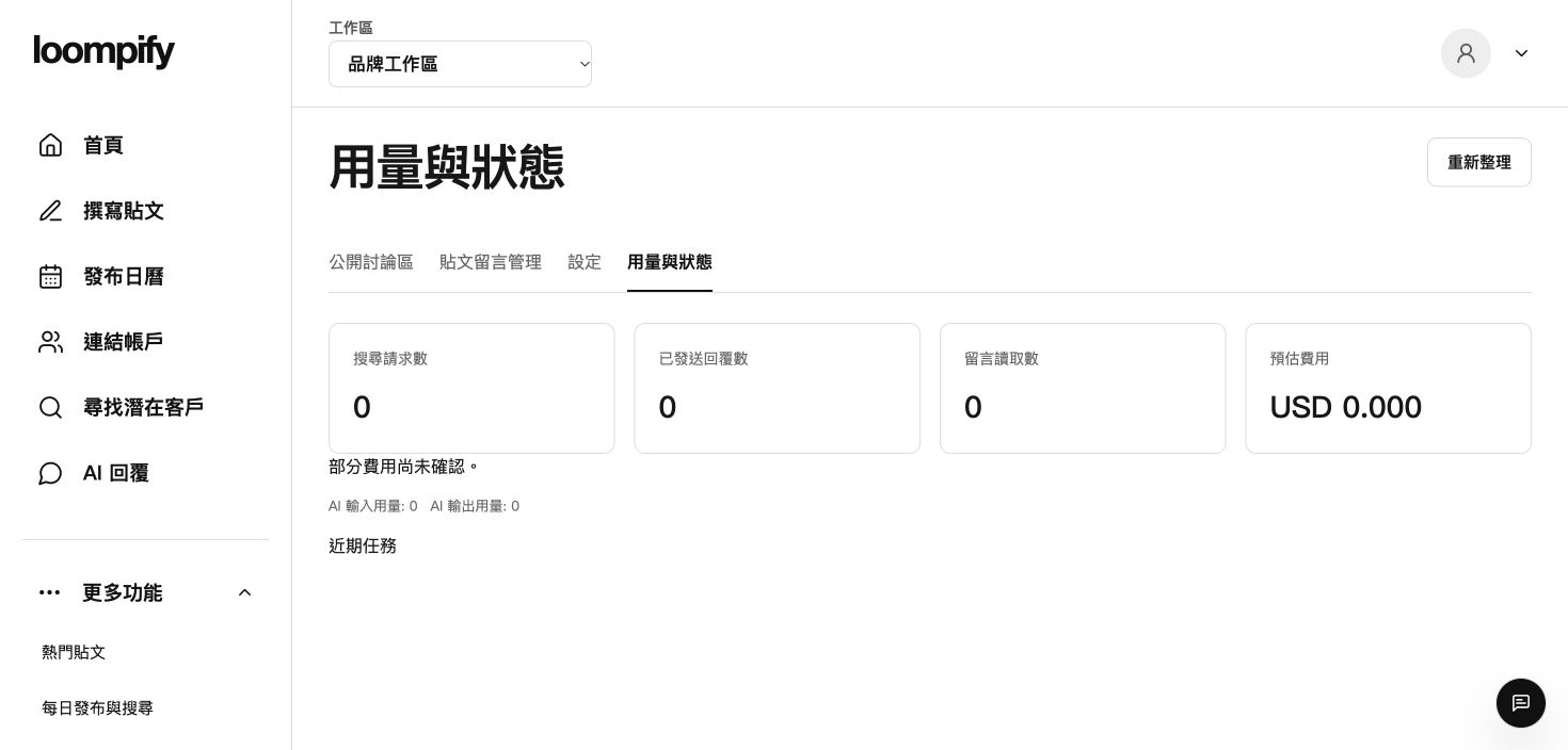 使用量與狀態儀表板,顯示每月功能計數器、預估費用摘要與任務狀態紀錄。